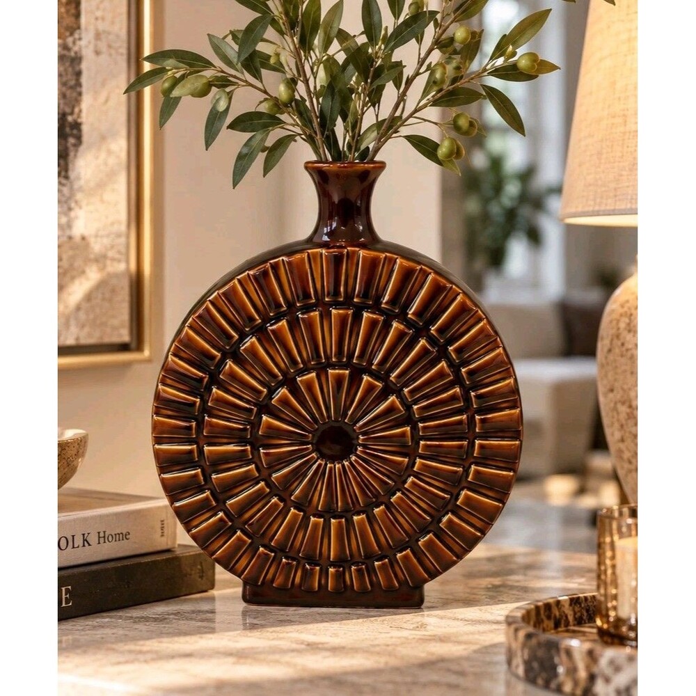 Carolyn Kinder 2008 Brown Ceramic Sunburst Disc Bud Vase Sculptural Home Decor
